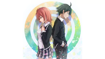 HD desktop wallpaper featuring Hachiman Hikigaya and Yui Yuigahama from the anime My Teen Romantic Comedy SNAFU, standing back to back against a colorful, circular background.