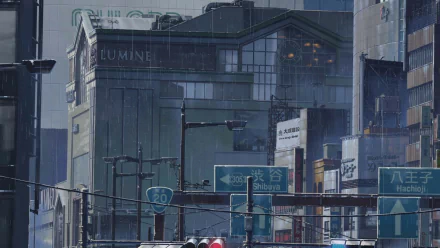HD anime-style desktop wallpaper depicting a rainy urban scene with buildings and street signs in a cityscape.