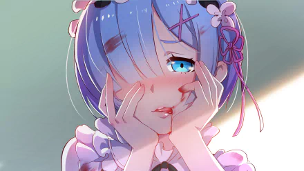 HD wallpaper featuring Rem from Re:Zero - Starting Life in Another World. The anime character has blue hair, adorned with pink bows, and a distressed expression, adding an emotive touch to the image.