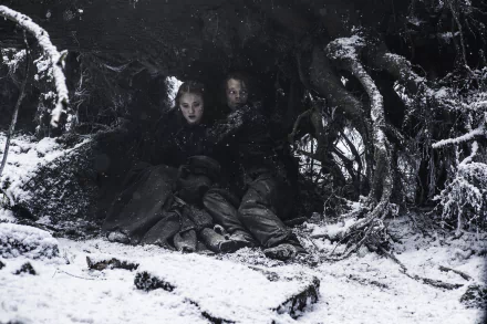 Theon Greyjoy and Sansa Stark, portrayed by Alfie Allen and Sophie Turner, huddle in a snowy forest in this 4K Ultra HD Game of Thrones desktop wallpaper.