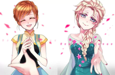 HD PC desktop wallpaper featuring Anna (Frozen) and Elsa (Frozen) from the Frozen movie, smiling and reaching out amid softly falling petals.