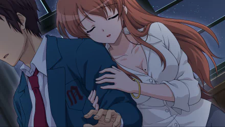 HD PC desktop wallpaper featuring Kyon and Mikuru Asahina from The Melancholy of Haruhi Suzumiya in an intimate, nighttime anime scene.