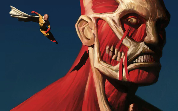 HD anime desktop wallpaper featuring a dramatic crossover with the Colossal Titan from Attack on Titan and Saitama from One-Punch Man in a striking composition.