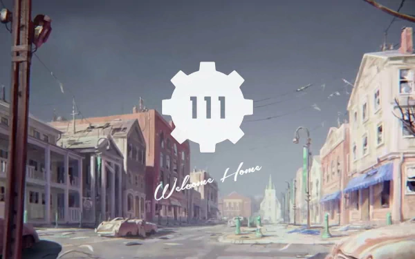 HD PC desktop wallpaper from the video game Fallout 4 featuring the Vault 111 logo and a post-apocalyptic cityscape with Welcome Home text.
