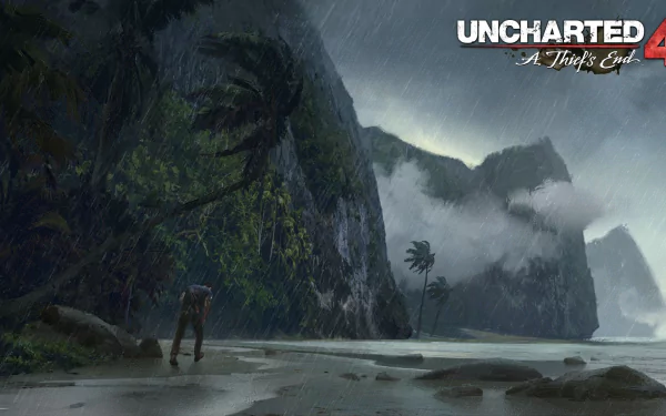 Nathan Drake stands on a beach amid dramatic cliffs and stormy skies in this HD desktop wallpaper from the video game Uncharted 4: A Thief's End.