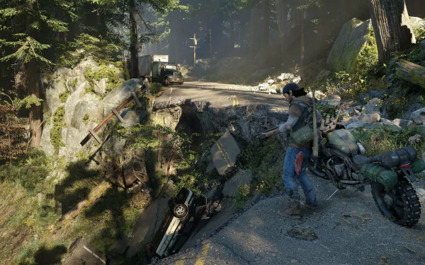 Deacon St. John stands near a damaged road in a dense forest, with a motorcycle nearby and abandoned cars scattered around, capturing a moment from the video game Days Gone.