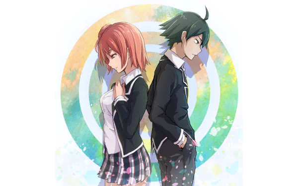 HD desktop wallpaper featuring Hachiman Hikigaya and Yui Yuigahama from the anime My Teen Romantic Comedy SNAFU, standing back to back against a colorful, circular background.