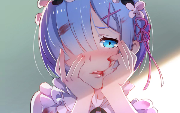 HD wallpaper featuring Rem from Re:Zero - Starting Life in Another World. The anime character has blue hair, adorned with pink bows, and a distressed expression, adding an emotive touch to the image.