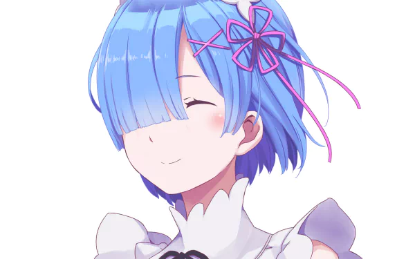 HD desktop wallpaper featuring Rem from the anime Re:Zero - Starting Life in Another World, displaying her with blue hair and a serene smile.