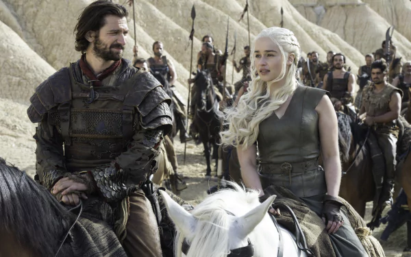 Daario Naharis and Daenerys Targaryen, played by Michiel Huisman and Emilia Clarke, ride horses in a desert setting from the TV show Game of Thrones, shown in 4K Ultra HD.