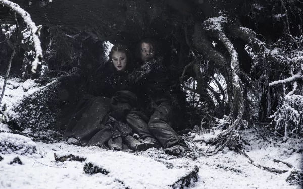 Theon Greyjoy and Sansa Stark, portrayed by Alfie Allen and Sophie Turner, huddle in a snowy forest in this 4K Ultra HD Game of Thrones desktop wallpaper.