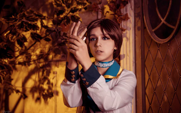 4K Ultra HD PC desktop wallpaper featuring a woman cosplaying Elizabeth from Bioshock Infinite, set against a warm, detailed background with autumn leaves and ornate door.