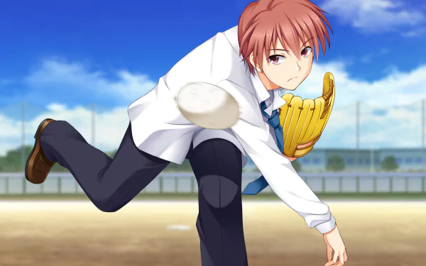 HD anime desktop wallpaper featuring Yuzuru Otonashi from Angel Beats! pitching a baseball on a sunny field under a blue sky.