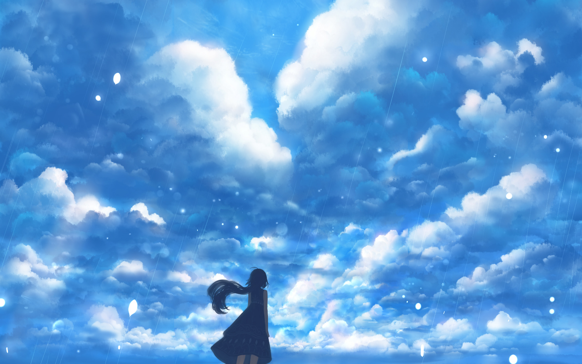 A serene anime scene featuring a figure in a flowing dress against a vibrant blue sky filled with fluffy clouds, creating an original HD desktop wallpaper and background.