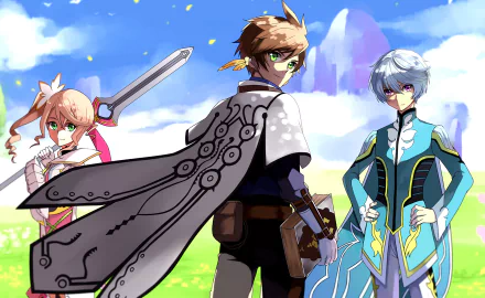 HD wallpaper featuring Mikleo, Sorey, and Alisha Diphda from Tales of Zestiria the X, set against a vibrant, outdoor background with a clear blue sky.