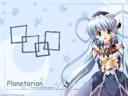 HD desktop wallpaper featuring Yumemi Hoshino from the anime Planetarian: The Reverie of a Little Planet, set against a soft blue background with star and square motifs.