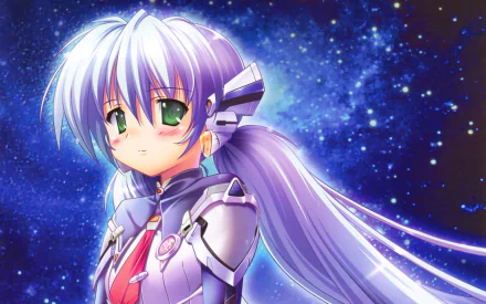 HD PC desktop wallpaper featuring Yumemi Hoshino from the anime Planetarian: The Reverie of a Little Planet, set against a vibrant starry cosmic background.