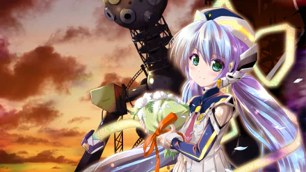 HD desktop wallpaper depicting Yumemi Hoshino from the anime Planetarian: The Reverie of a Little Planet, set against a dramatic sunset sky with mechanical structures.