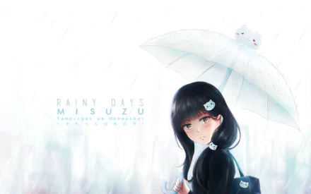 HD anime desktop wallpaper featuring Misuzu Gundou from Tomo-chan Is a Girl!, holding a transparent umbrella with cat accents on a soft rainy background.