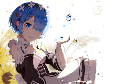 HD desktop wallpaper featuring Rem from Re:Zero - Starting Life in Another World, with blue hair and blue eyes, dressed in her signature maid outfit, surrounded by a light, whimsical background.