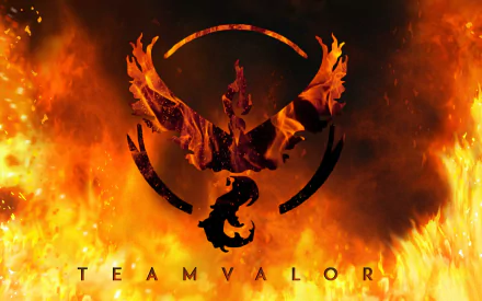 An HD desktop wallpaper of Pokemon Go's Team Valor logo, depicted with a fiery phoenix, surrounded by flames. The words Team Valor are written at the bottom.