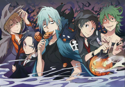 A vibrant HD desktop wallpaper featuring characters from the anime Servamp, depicted in a playful, Halloween-themed setting with pumpkins and spooky decorations.