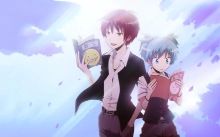 HD wallpaper featuring Karma Akabane and Nagisa Shiota from the anime Assassination Classroom, showcasing a vibrant and dynamic scene with books and a dreamy background.