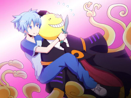 Nagisa Shiota and Koro-sensei from Assassination Classroom appear in this vibrant HD wallpaper, showcasing their unique bond against a colorful background.