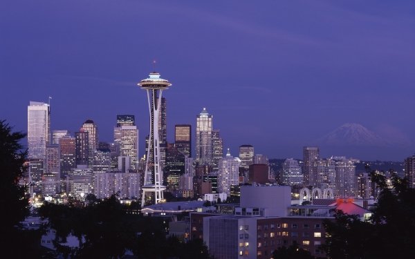 Man Made Seattle Cities United States Space Needle Building City Night Light Skyscraper Purple USA HD Wallpaper | Background Image