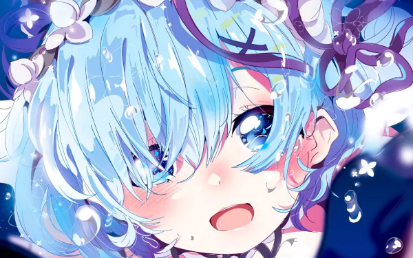 HD wallpaper featuring Rem from the anime Re:Zero - Starting Life in Another World. The image highlights Rem's detailed blue hair and expressive eyes, making it a visually captivating background.