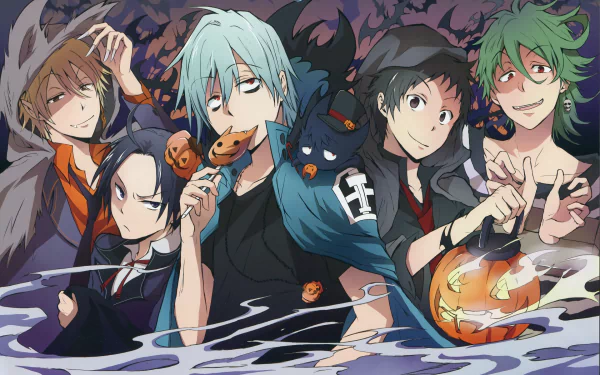 A vibrant HD desktop wallpaper featuring characters from the anime Servamp, depicted in a playful, Halloween-themed setting with pumpkins and spooky decorations.