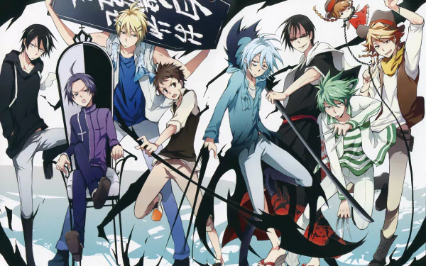 HD desktop wallpaper featuring characters from the anime Servamp, showcasing a vibrant and dynamic group pose with diverse expressions and unique styles against a dramatic background.