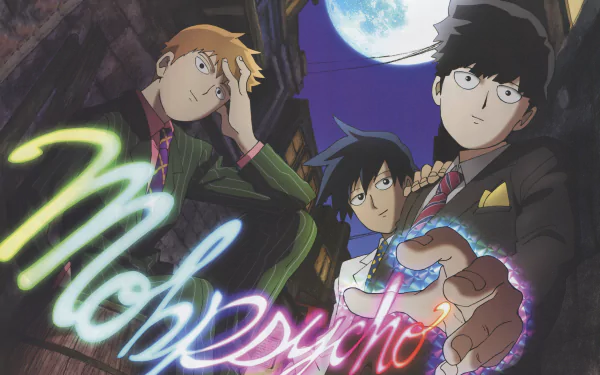 A vibrant HD wallpaper featuring Arataka Reigen, Ritsu Kageyama, and Shigeo Kageyama from the anime Mob Psycho 100, set against a moonlit background.