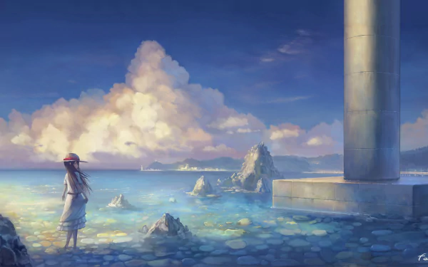 A serene anime-inspired scene featuring a young girl by the water, with towering clouds in a vivid sky, set against rocky shores, creating a captivating and original wallpaper backdrop.