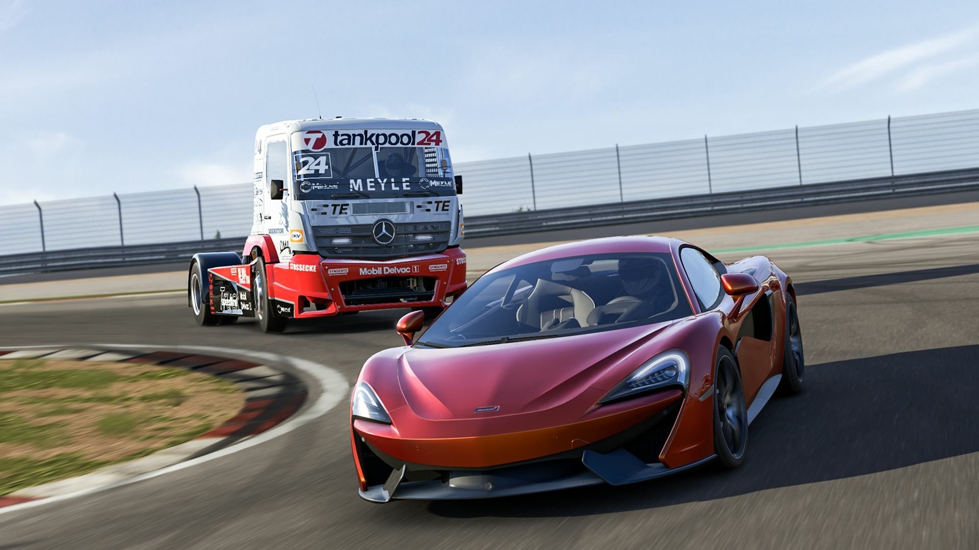 HD PC desktop wallpaper featuring a red sports car and a racing truck in action from the video game Forza Motorsport 6.