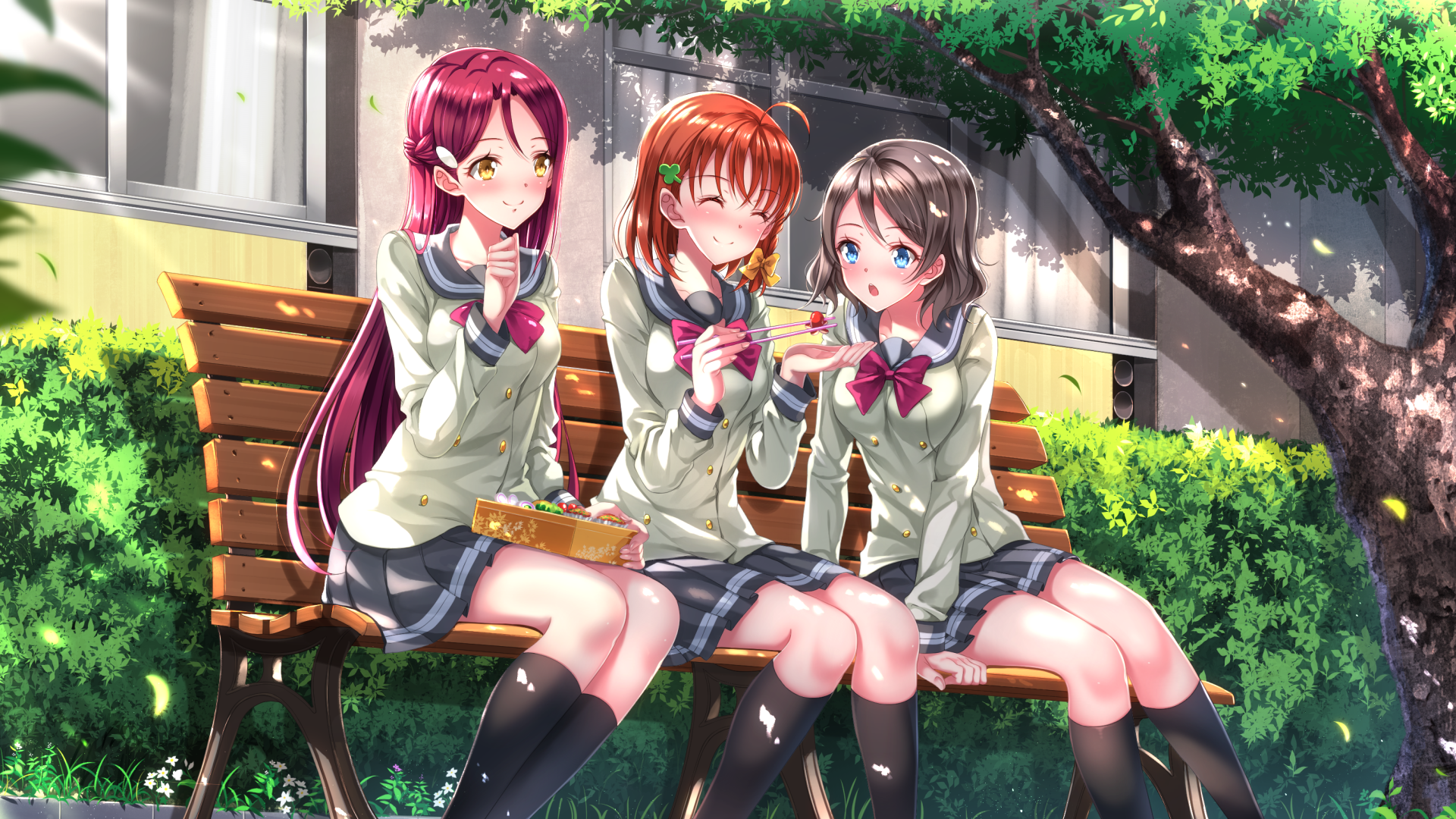 Three characters, You Watanabe, Chika Takami, and Riko Sakurauchi from Love Live! Sunshine!!, sit on a bench enjoying snacks in a vibrant, sunny setting, creating a lively anime scene.