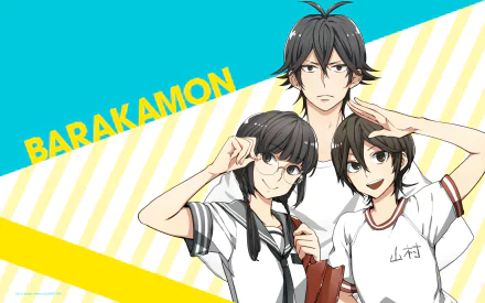 A vibrant HD wallpaper featuring Miwa Yamamura, Tamako Arai, and Seishuu Handa from the anime Barakamon, set against a bright blue and yellow background.