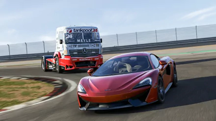 HD PC desktop wallpaper featuring a red sports car and a racing truck in action from the video game Forza Motorsport 6.