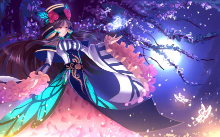 Anime-style 4K Ultra HD wallpaper of a long-haired character with brown and pink hair, wearing a hat, surrounded by glowing butterflies under a night sky with a bright moon.