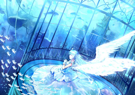 A serene HD anime wallpaper depicting an angel with white wings, sitting in a glass enclosure under water, surrounded by fish and oceanic elements. The background is a blend of blue hues and ethereal light.