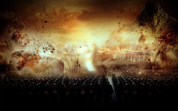 An epic HD wallpaper from Gods Of Egypt, featuring dramatic scenes of gods, massive beasts, and a chaotic battlefield, showcasing stunning visual effects and a mythical atmosphere.