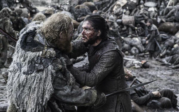 4K Ultra HD Game of Thrones wallpaper featuring Jon Snow (Kit Harington) and Tormund Giantsbane (Kristofer Hivju) amid a battle scene with a gritty, intense atmosphere.