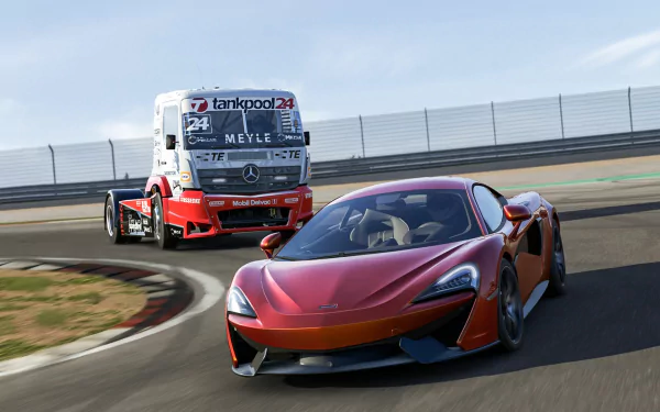 HD PC desktop wallpaper featuring a red sports car and a racing truck in action from the video game Forza Motorsport 6.