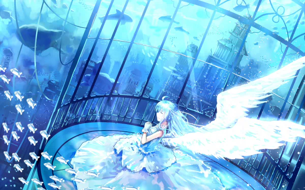 A serene HD anime wallpaper depicting an angel with white wings, sitting in a glass enclosure under water, surrounded by fish and oceanic elements. The background is a blend of blue hues and ethereal light.