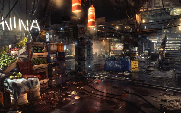 4K Ultra HD PC wallpaper of a detailed, dimly lit industrial interior from the video game Deus Ex: Mankind Divided, showcasing futuristic and cyberpunk elements.