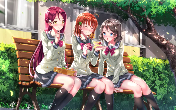 Three characters, You Watanabe, Chika Takami, and Riko Sakurauchi from Love Live! Sunshine!!, sit on a bench enjoying snacks in a vibrant, sunny setting, creating a lively anime scene.