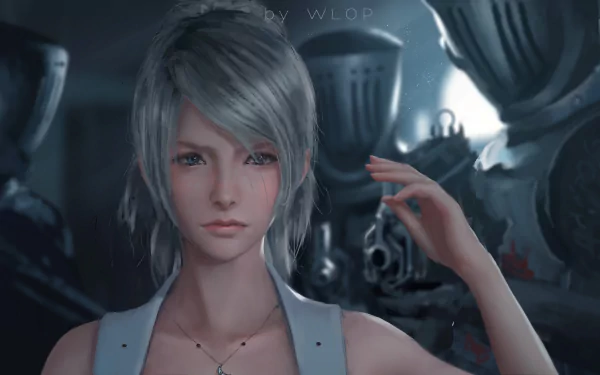 HD desktop wallpaper featuring Lunafreya Nox Fleuret from Final Fantasy XV. Luna stands with intense gazes in her silver hair before armored figures, encapsulating the video game’s dramatic aesthetic.
