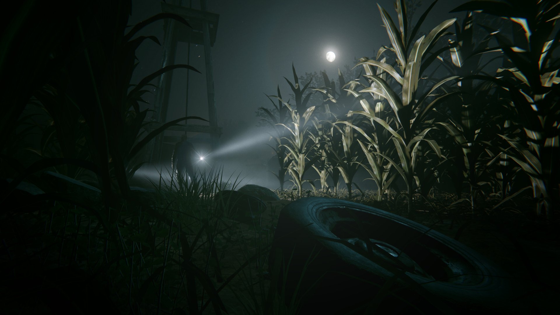 HD wallpaper featuring a dark, atmospheric scene from the video game Outlast 2, showcasing cornfields illuminated by a beam of light under a night sky.