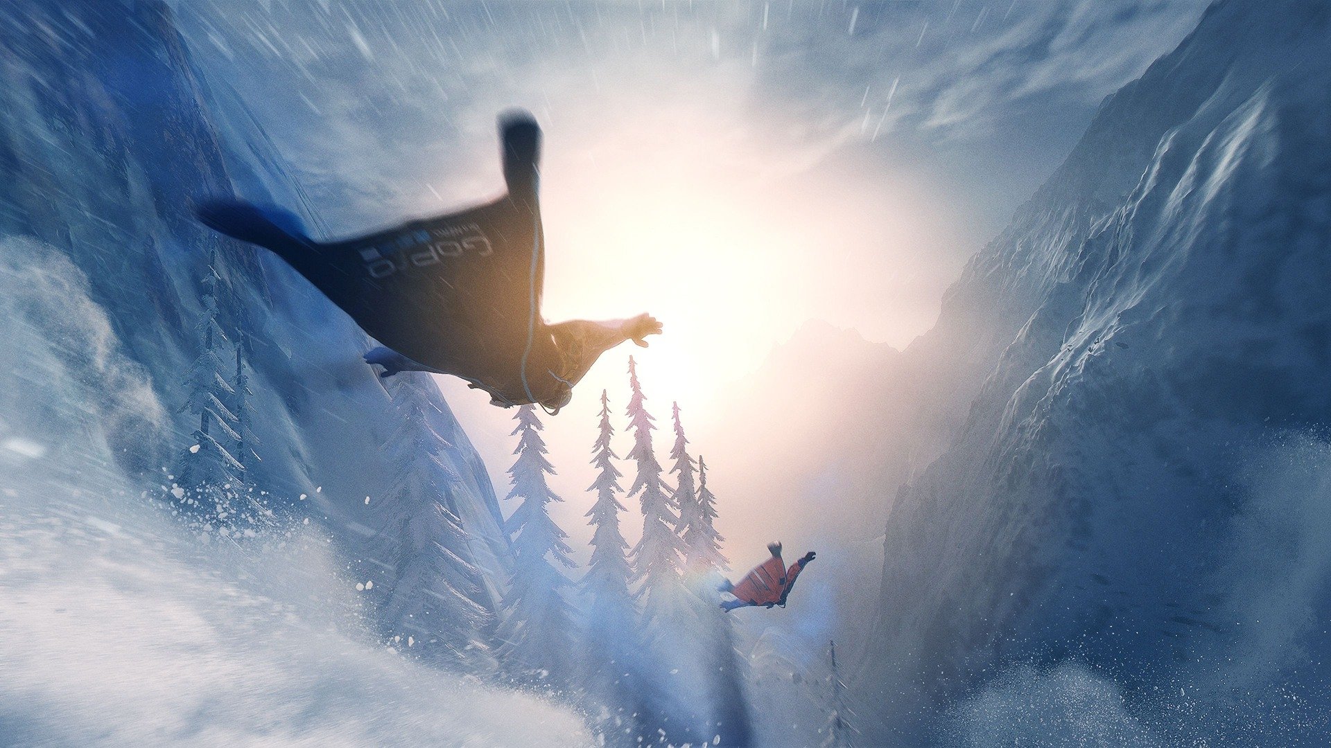HD PC desktop wallpaper featuring a dramatic scene from the video game Steep, showing wingsuit flyers soaring through a snowy mountain gorge.
