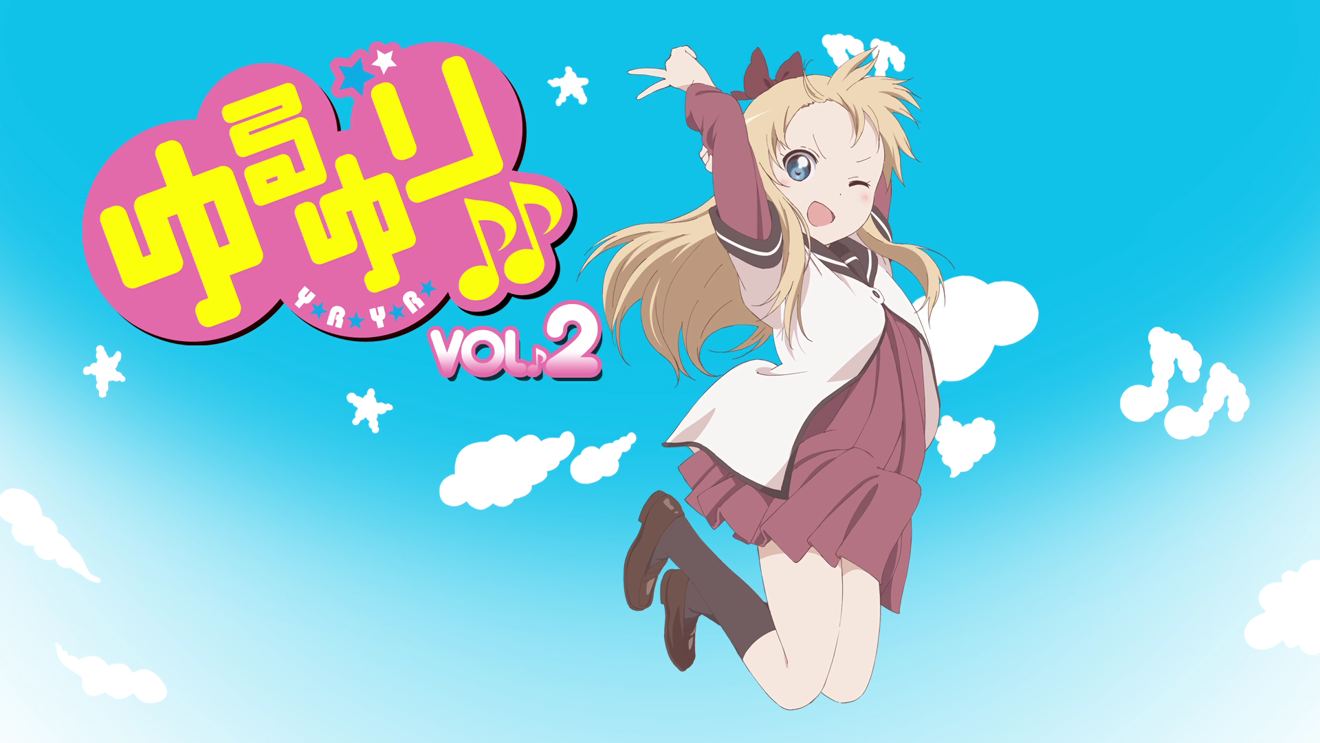 HD PC desktop wallpaper featuring Kyōko Toshinō from the anime YuruYuri, set against a bright blue sky with clouds and stylized Japanese text.